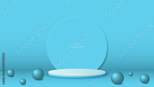 An empty podium in minimal style with a round arch on a blue background. A platform for cosmetics in the room.