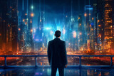 A man in a black jacket standing with his back and looking at the blue evening neon city of the future. Futuristic innovation technology concept