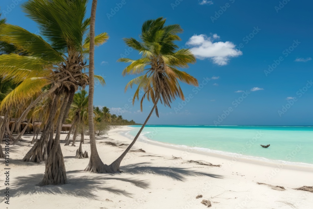 A lovely Caribbean beach with palm trees. Saona Island in the Dominican Republic. Background knowledge about holiday travel. Generative AI