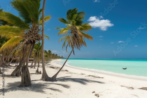 A lovely Caribbean beach with palm trees. Saona Island in the Dominican Republic. Background knowledge about holiday travel. Generative AI © 2rogan