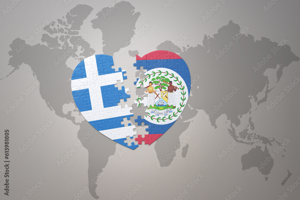 puzzle heart with the national flag of belize and greece on a world map ...