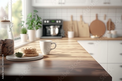 cozy kitchen scene with freshly baked cookies and coffee on the counter. Generative AI