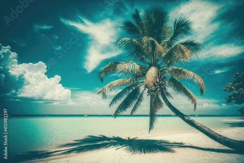 Abstract palm tree on a tropical beach with a blue sky and white clouds in the backdrop. Copy space for the concepts of summer vacation and business trip. A vintage-toned filters color effect