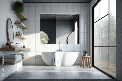 modern bathroom with a large window and a freestanding white bathtub. Generative AI