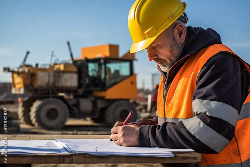 Constructor worker writing on a clipboard at a construction site, constructor worker, builder, Labor day Generative AI Constructor worker writing on a clipboard at a construction site, constructor worker, builder, Labor day Generative AI