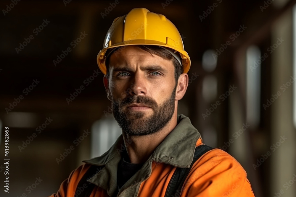 Portrait of a serious-looking constructor worker in a hard hat, constructor worker, builder, Labor day Generative AI Portrait of a serious-looking constructor worker in a hard hat, constructor worker, builder, Labor day Generative AI