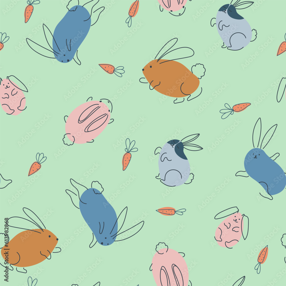 Seamless pattern with funny rabbits. Animal print. Pets. Festive decor. A pattern of simple elements. Vector illustration. Seamless pattern with funny rabbits. Animal print. Pets. Festive decor. A pattern of simple elements. Vector illustration.
