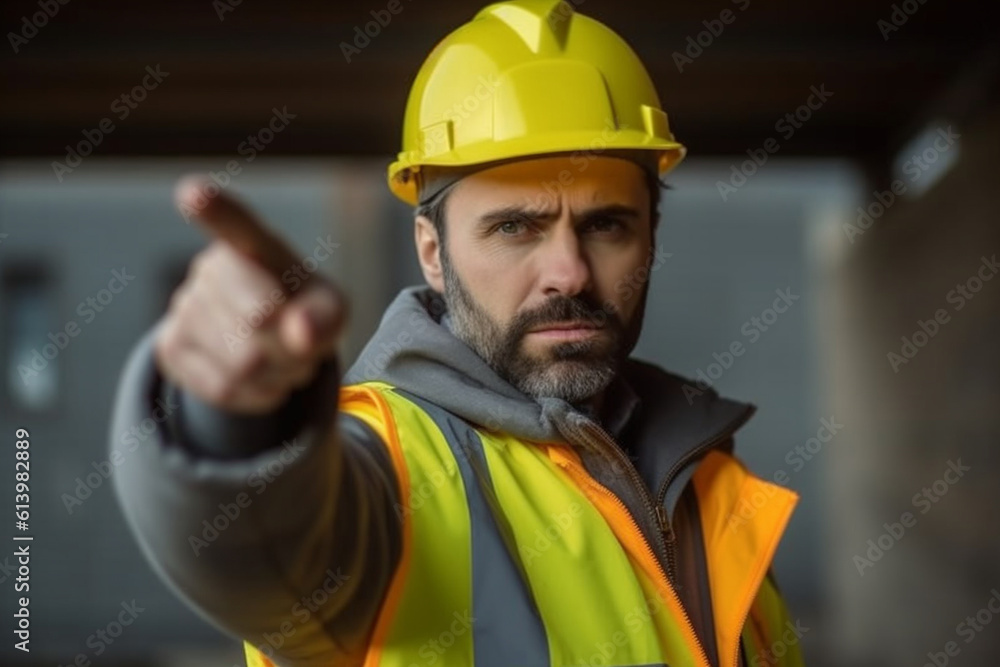 Constructor worker pointing towards a construction project, constructor worker, builder, Labor day Generative AI