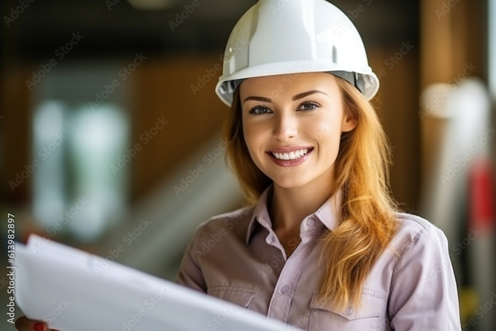 Smiling female constructor worker with a blueprint in hand, constructor worker, Labor day Generative AI Smiling female constructor worker with a blueprint in hand, constructor worker, Labor day Generative AI