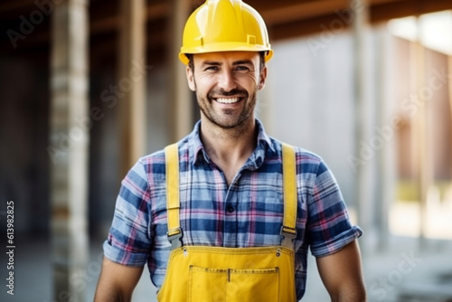 Smiling builder holding a measuring tape, constructor worker, builder, Labor Day Generative AI