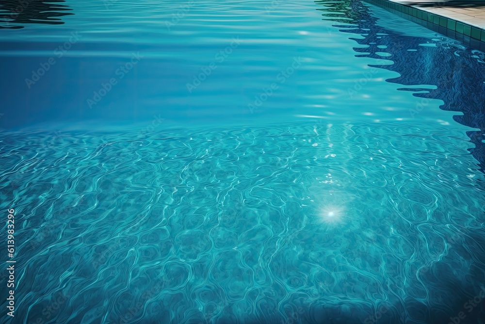 A blue swimming pools surface with water in the background. Generative AI