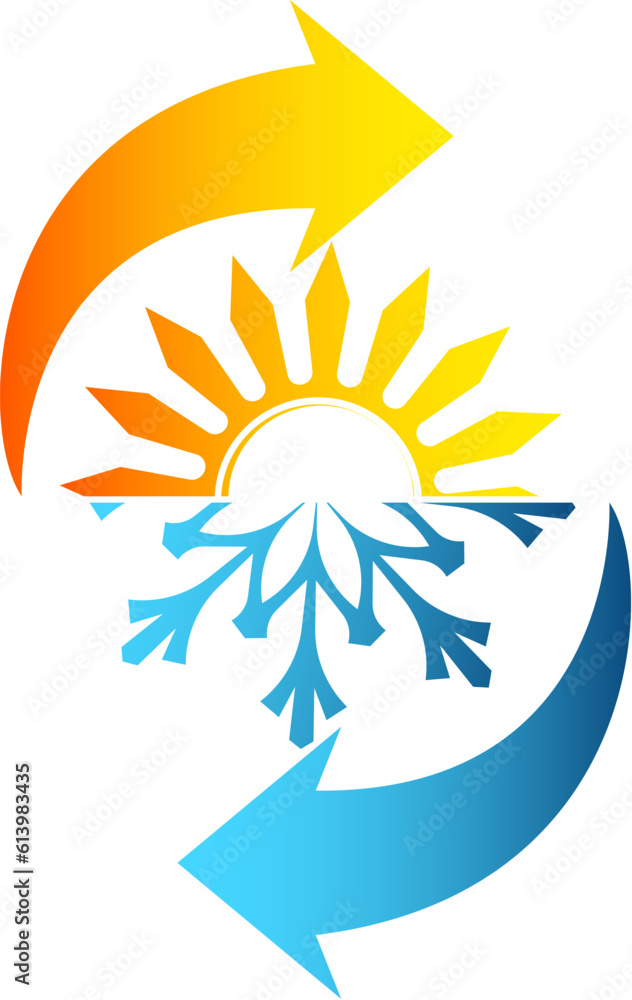 Obraz premium Sun and snowflake, blue and orange arrows. Design for air conditioner