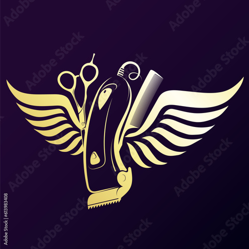 Golden scissors comb and electric clipper with wings. Design for a beauty salon