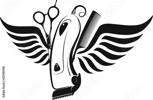 Scissors comb and electric clipper with wings. Design for a beauty salon
