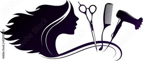 Silhouette of a girl with curls of hair and a hairdressing tool. Beauty salon and nail salon design