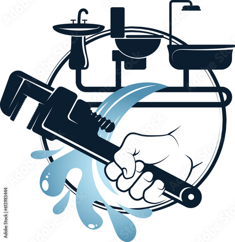 Wrench in hand and a drop of water. Design for plumbing repair and service