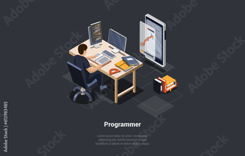Software Development Coding Process. Programmer or Web Developer Coding App For Trading on Computer And Smartphone. Screen With Chart And Script. Man Coder Engineer. Isometric 3d Vector Illustration