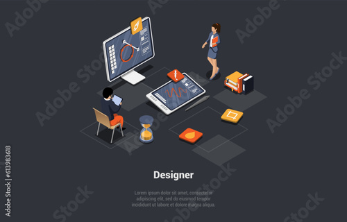 Concept Of 3D Design And Freelance Work. Creative Team Of Graphic Designers. Male And Female Characters Are Making Mock up Of Item On Computer. School For Web Design. Isometric 3d Vector Illustration