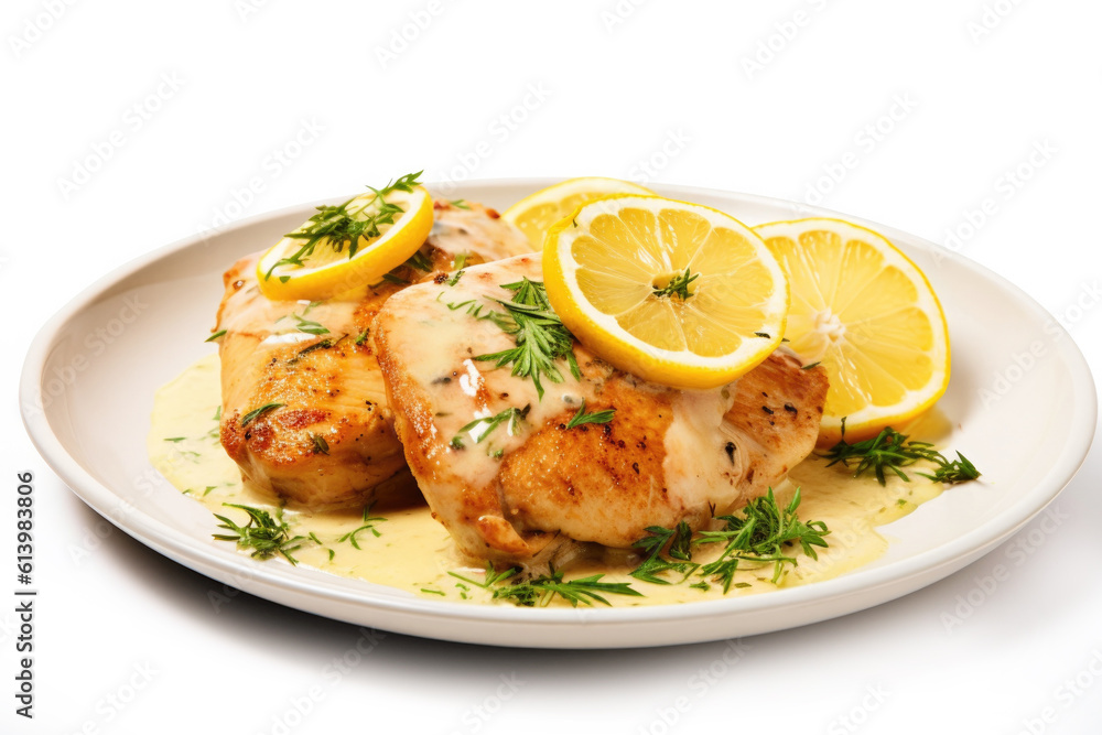 Delicious Plate of Lemon Chicken Isolated on a White Background