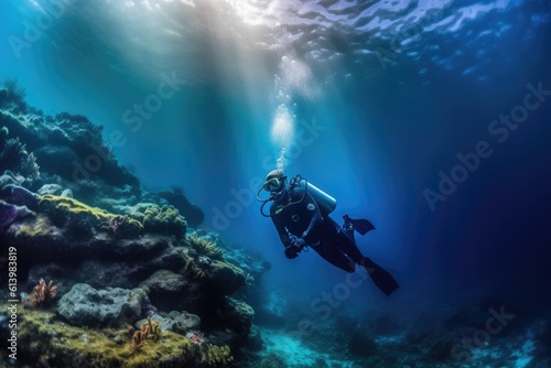 Photo of a diver descending into the depths of the ocean  surrounded by an expansive underwater landscape. Generative AI