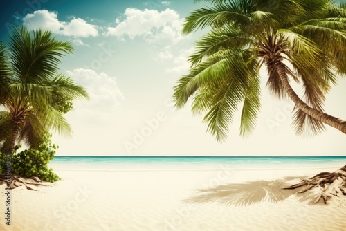 A beach with sand and palm trees in the background. Summer free space image for your decorative needs. Generative AI