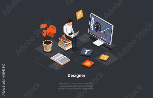 3D Design And Freelance Work. Creative Team Of Graphic Designers. Man Designer Make Artwork Of Illustration On Computer Using Pen Tool. Workspace of Digital Artist. Isometric 3d Vector Illustration