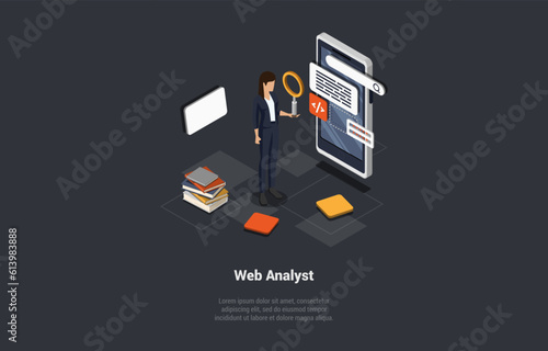 Concept Of Testing, Data Analysis And Debugging. Web Analyst Woman Marketer Analyzing Data And Diagram On Smartphone, Analytic Business And Reporting Data. Isometric 3d Cartoon Vector Illustration