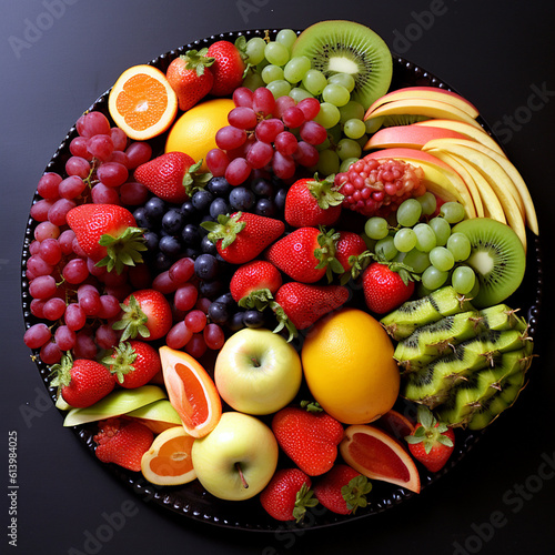 fruit plate with grapes  strawberries  apples  blackberries  pineapple