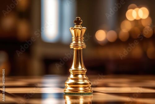A close - up shot of a gold queen chess piece, standing confidently on a chessboard. Generative AI