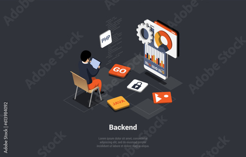 Front, Back End Of Development, Responsive Web Design, Website Interface, Coding and Programming. Character Develop New Mobile Applicatopn Using HTML Language. Isometric 3d Cartoon Vector Illustration