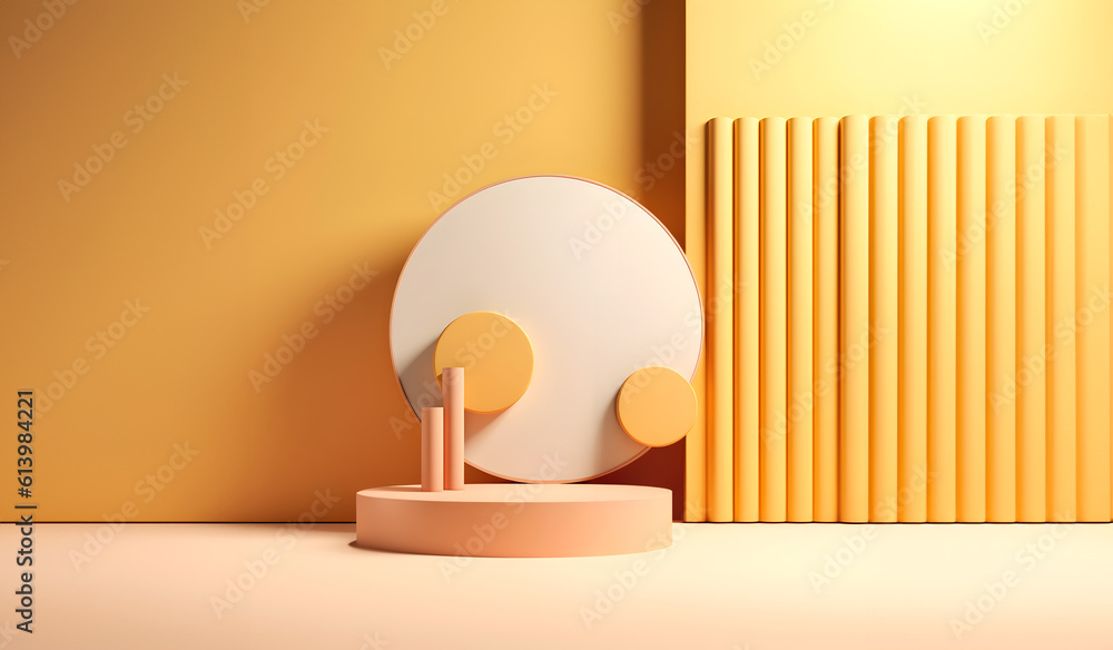 Abstract minimal concept. Sunshine yellow background with podium stage, abstract geometric landscape. Mock up template for product presentation. 3D rendering. copy text space
Abstract minimal concept. Sunshine yellow background with podium stage, abstract geometric landscape. Mock up template for product presentation. 3D rendering. copy text space