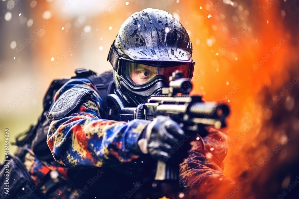 Close-up shot of a male paintball player pointing his paintball gun at the camera. Generative AI Close-up shot of a male paintball player pointing his paintball gun at the camera. Generative AI
