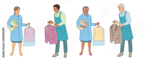 dry Cleaning and laundry service staff smiling characters afro American on white background  in uniform 