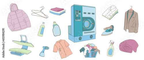set elements about dry cleaning and laundry service , color vector illustration