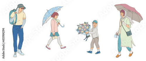 girl with umbrella  and boy with bouquet of roses flowers , set elements about protective measures against the solar radiation and UV ultraviolet in the city life