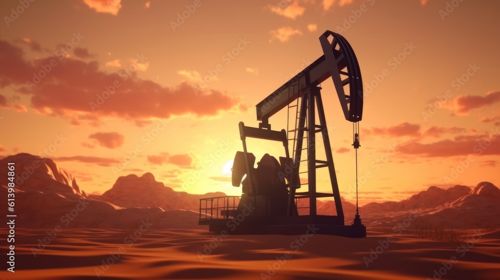 Crude oil pumpjack rig on the desert silhouette in evening sunset, industrial energy machine for petroleum gas production