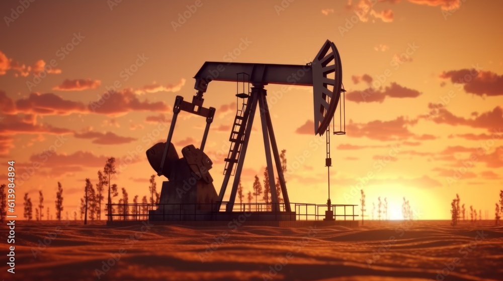 Crude oil pumpjack rig on the desert silhouette in evening sunset, industrial energy machine for petroleum gas production Crude oil pumpjack rig on the desert silhouette in evening sunset, industrial energy machine for petroleum gas production