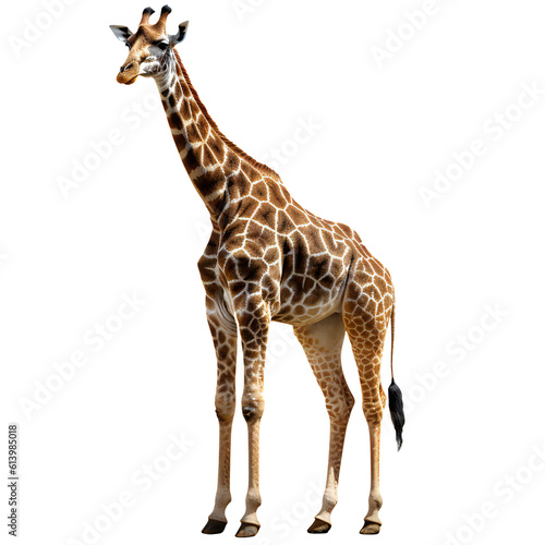 Standing african giraffe looking in camera cut out. Generative ai art