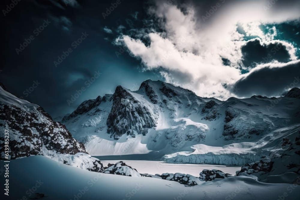 majestic mountain range covered in snow under a cloudy sky. Generative AI