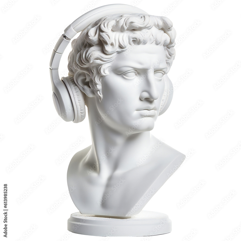 Fototapeta premium Statue of Mans head wearing headset isolated. generative ai art cut out