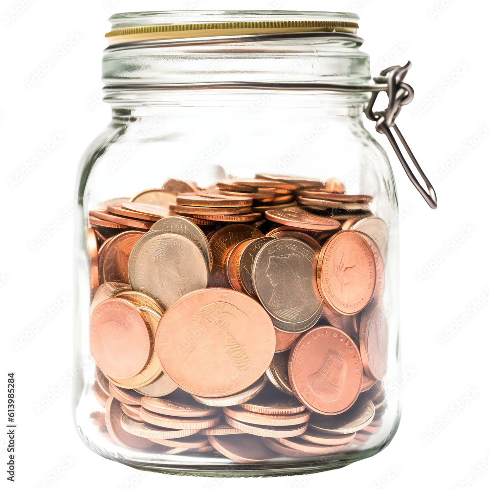 Money coins in a glass jar isolated. Generative ai art cut out.