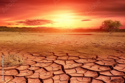 Background of scorching summer heat and the dry season. The landscape at sunset. Generative AI