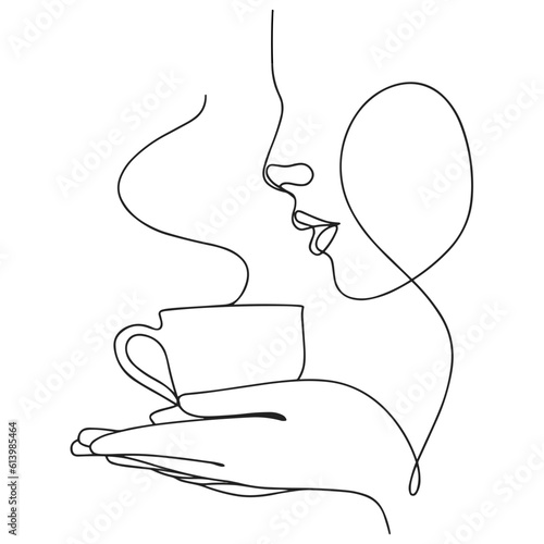Girl with a cup of coffee - vector illustration (sketch), one-line silhouette without background (clipart). The emotion of love for a delicious drink, feeling the aroma of fresh coffee and enjoying it