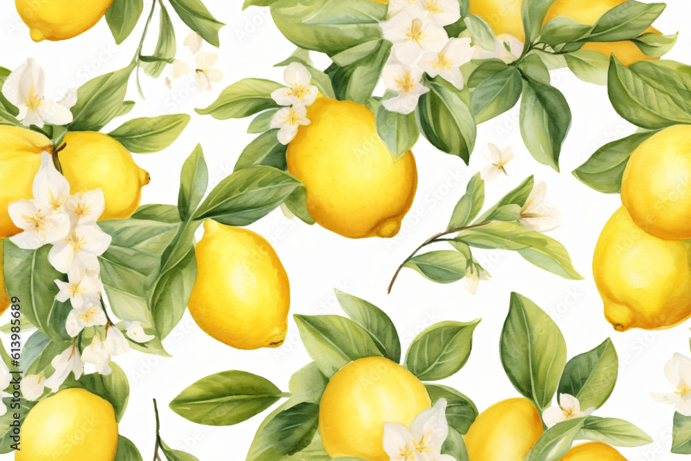 fresh seamless pattern with collection limones, lemon blossoms and leaves in clipart watercolor design on white background fresh seamless pattern with collection limones, lemon blossoms and leaves in clipart watercolor design on white background