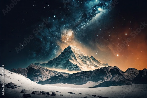 snow-covered mountain under a starry night sky. Generative AI