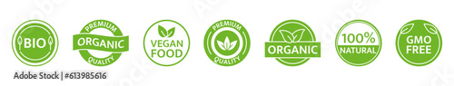 Gmo free. Organic, natural, bio product icon set. Healthy vegan food label. Farm fresh, locally grown badges. Eco friendly tag. Beauty product. Sustainable life. Premium quality. Vector illustration