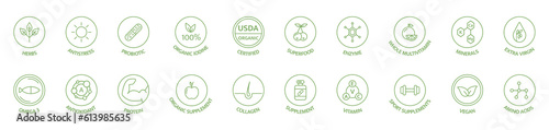 Supplement and vitamin line icon set. Natural probiotic, protein, mineral sign for packaging. Healthy food. Organic, bio, vegan product label. Detox diet badges. Nutrition sign. Vector illustration