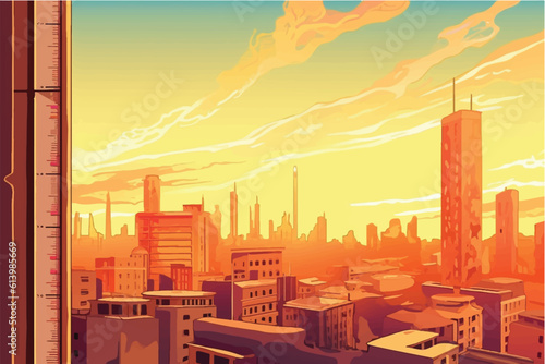 cartoon vector illustration of City's gentle heat, Thermometer measures a warm day's embrace