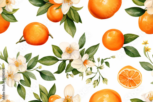 fresh seamless pattern  with collection oranges, orange blossoms and leaves in clipart watercolor design on white background