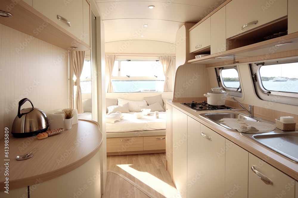 A close - up shot of a modern caravan interior, showcasing the well - appointed living space and functional amenities. Generative AI A close - up shot of a modern caravan interior, showcasing the well - appointed living space and functional amenities. Generative AI